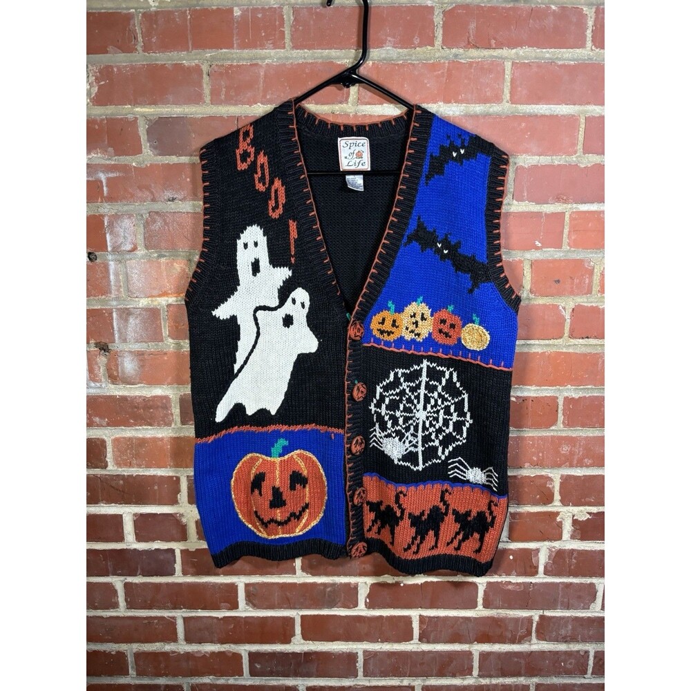 Vintage 90s Spice of Life Halloween Sweater Vest Ghosts Pumpkins Bats Womens L